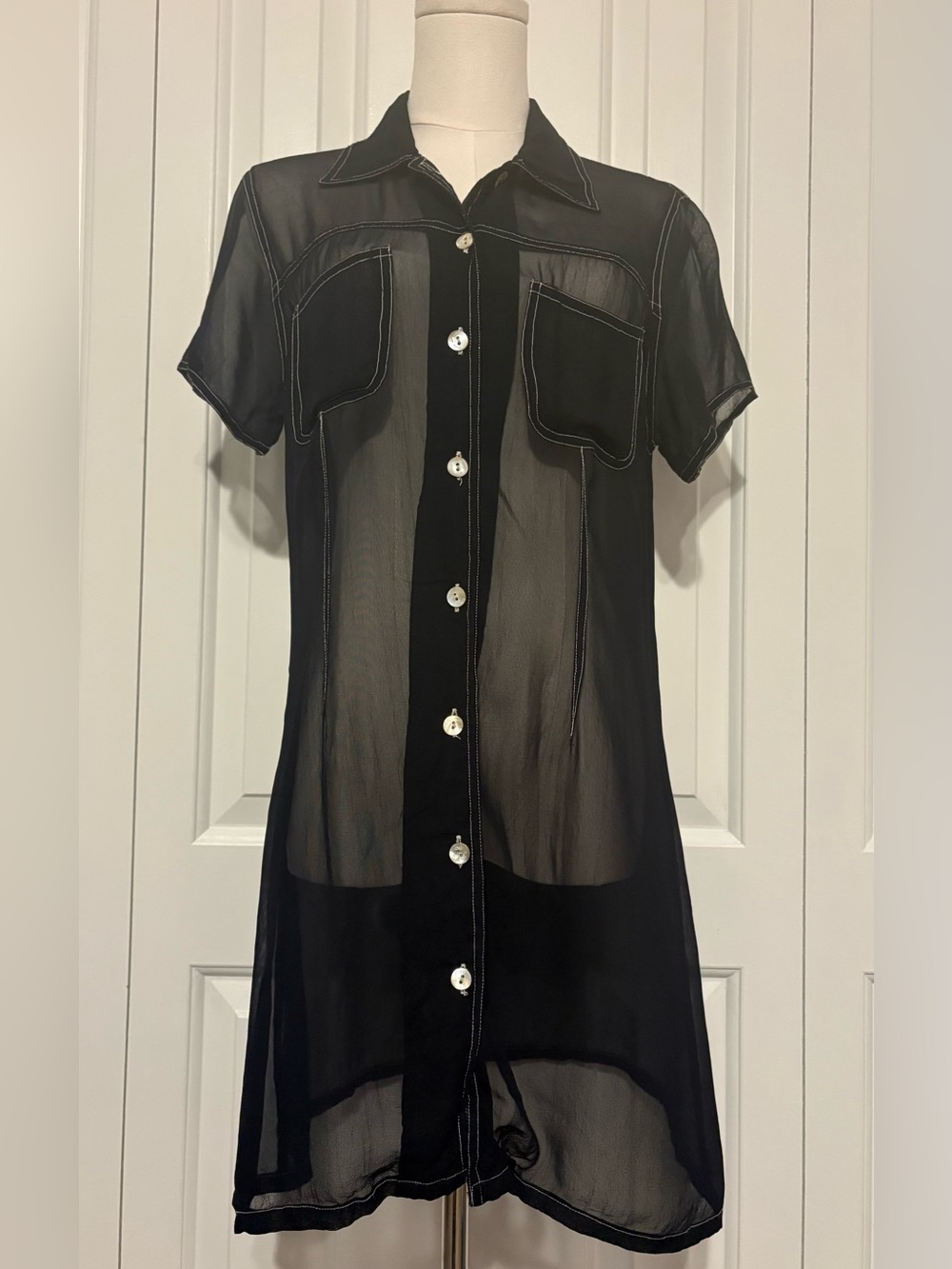 Sheer Short Sleeve Navy Button-Front Dress/Top